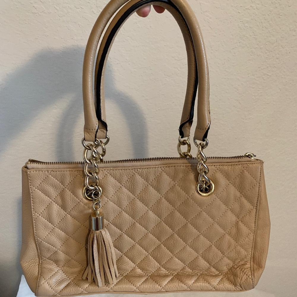 Calvin Klein Nude Quilted Leather Shoulder Bag Gold Chain Tassel Tote